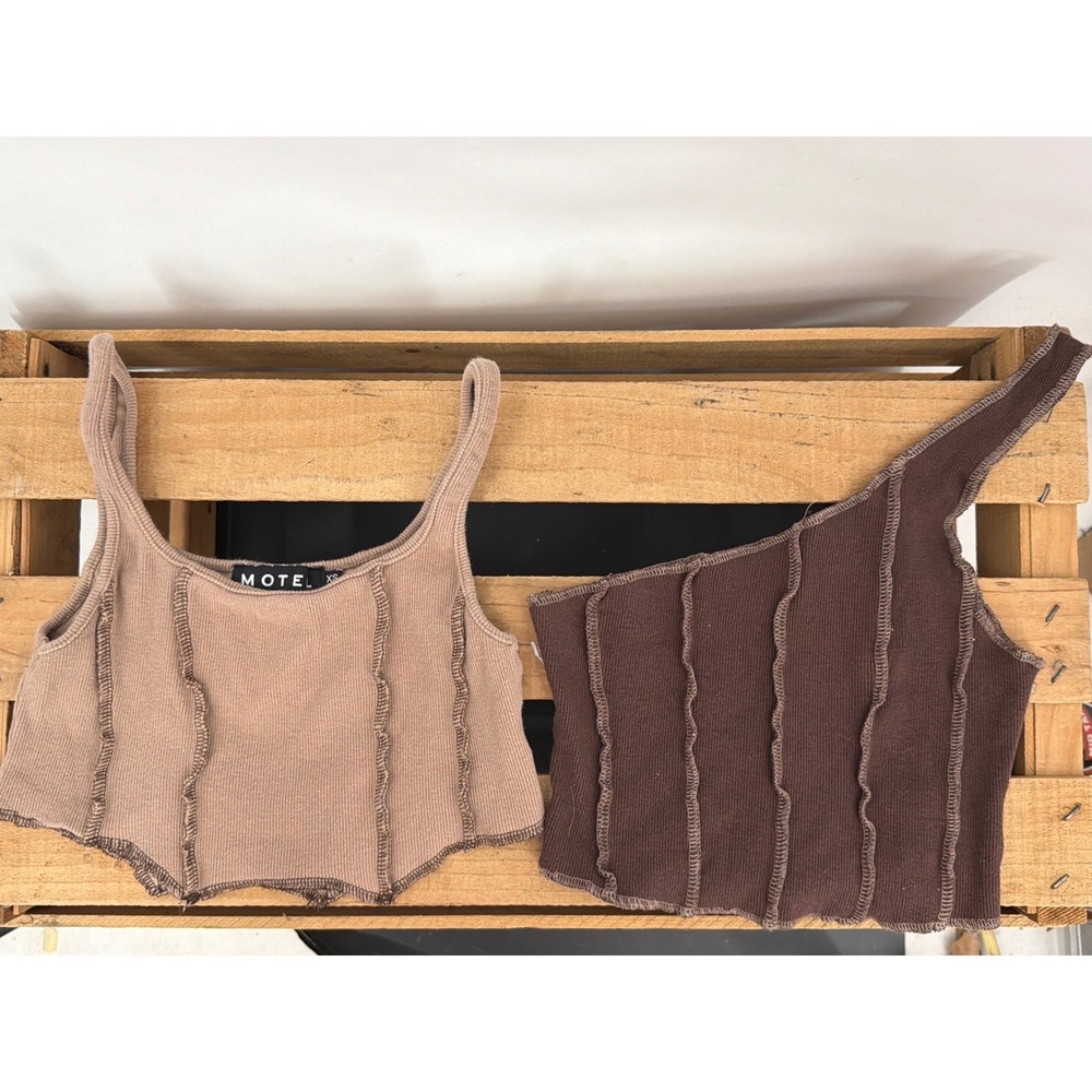 Motel Rocks Ribbed Crop‎ Top Bundle Tan Brown Exposed Seam One Shoulder XS 2pc
